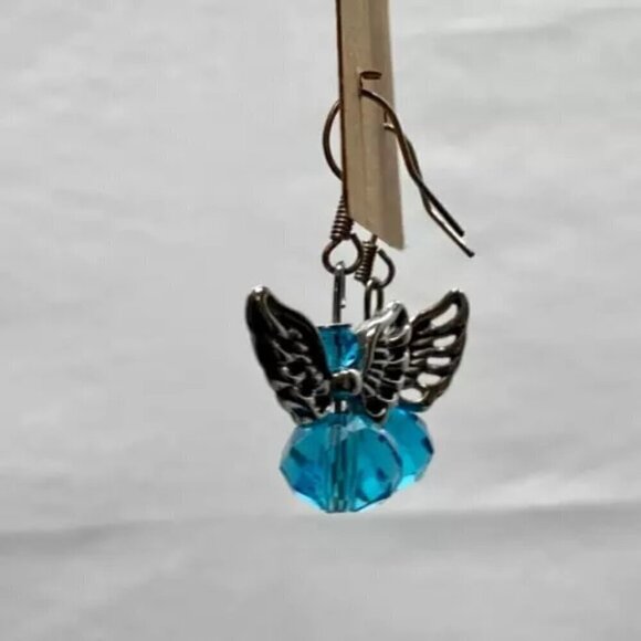 Angel Earrings Unique Aquamarine Blue Crystal Beads Silver Dangle Drop Style - Picture 5 of 10